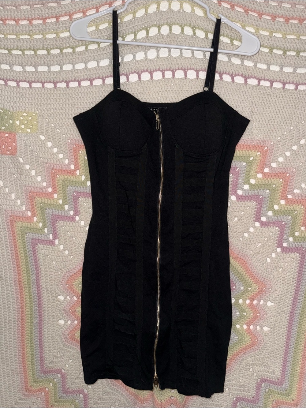 Haute Monde Black Bustier Zip-Front Ruffle Bodycon Dress